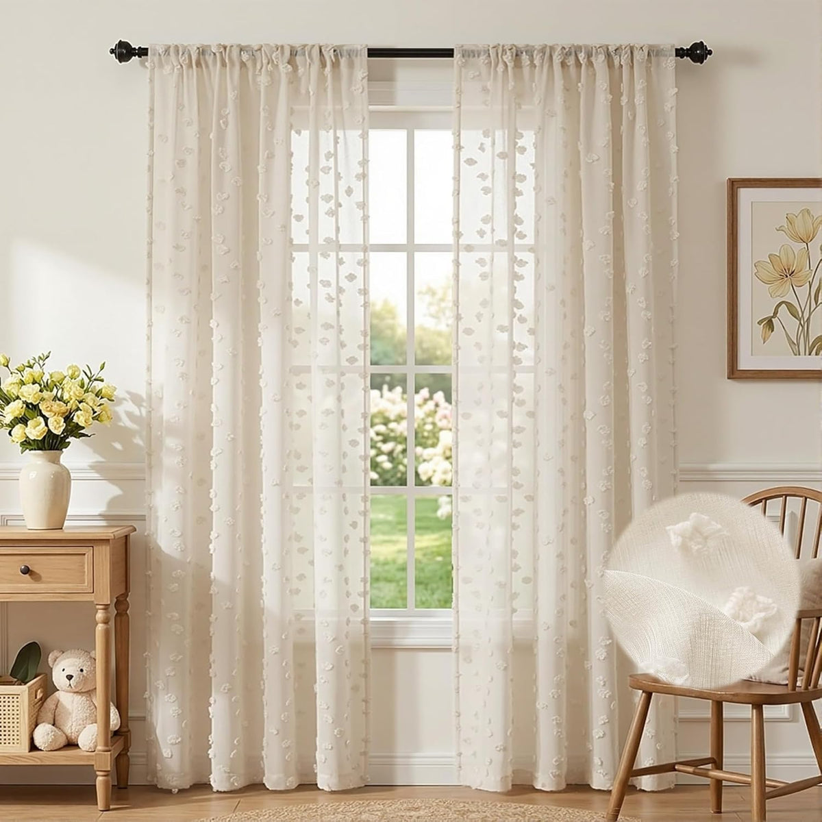 MYSKY HOME Beige Boho Sheer Curtains with Cream Pom Pom 50Wx84L,2 Panels
