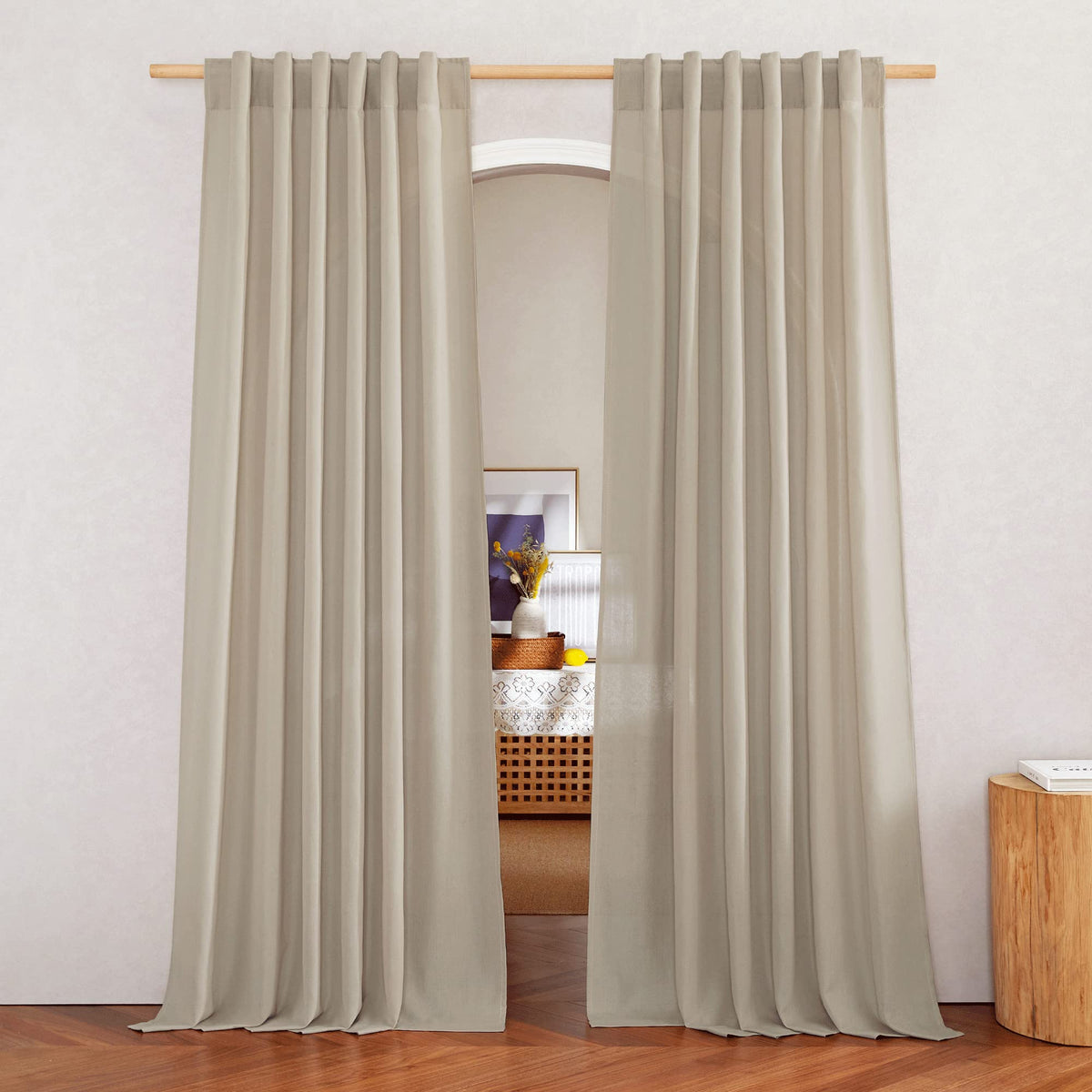 NICETOWN Natural Linen Curtains & Drapes for Windows 84 inch Long, Rod Pocket & Back Tab Thick Flax Semi Sheer Privacy Assured with Light Filtering for Bedroom/Living Room, W55 x L84, 2 Pieces