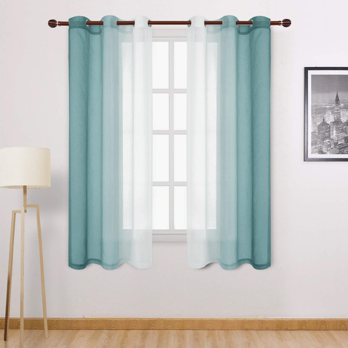 DWCN Blue Linen Ombre Sheer Curtains - Semi Voile Gradient Grommet Top Curtains for Bedroom and Living Room, Set of 2 Window Curtain Panels, 52 x 84 Inches Long, Denim Blue