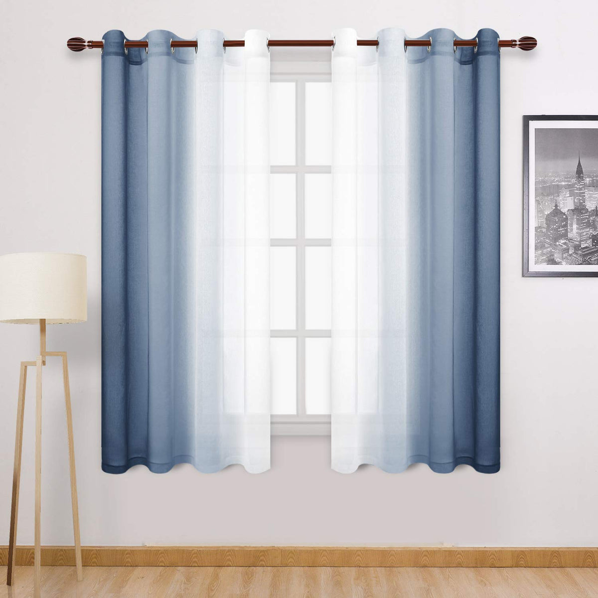 DWCN Blue Linen Ombre Sheer Curtains - Semi Voile Gradient Grommet Top Curtains for Bedroom and Living Room, Set of 2 Window Curtain Panels, 52 x 84 Inches Long, Denim Blue