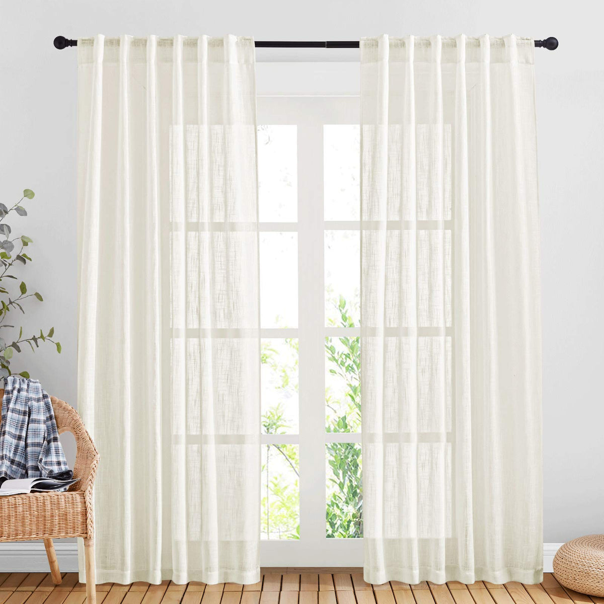 NICETOWN White Linen Sheer Curtains and Drapes 84 inches Long, Rod Pocket & Back Tab semitransparent with Light Through Vertical Window Treatments for Sliding Glass Door & Living Room, 52"W, Set of 2