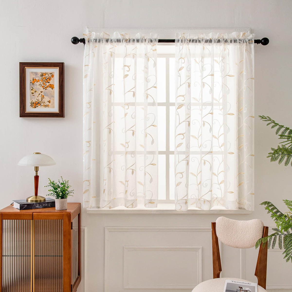 VISIONTEX Sheer Curtains Boho Leaf Floral Embroidered Cream Beige 54Wx84L