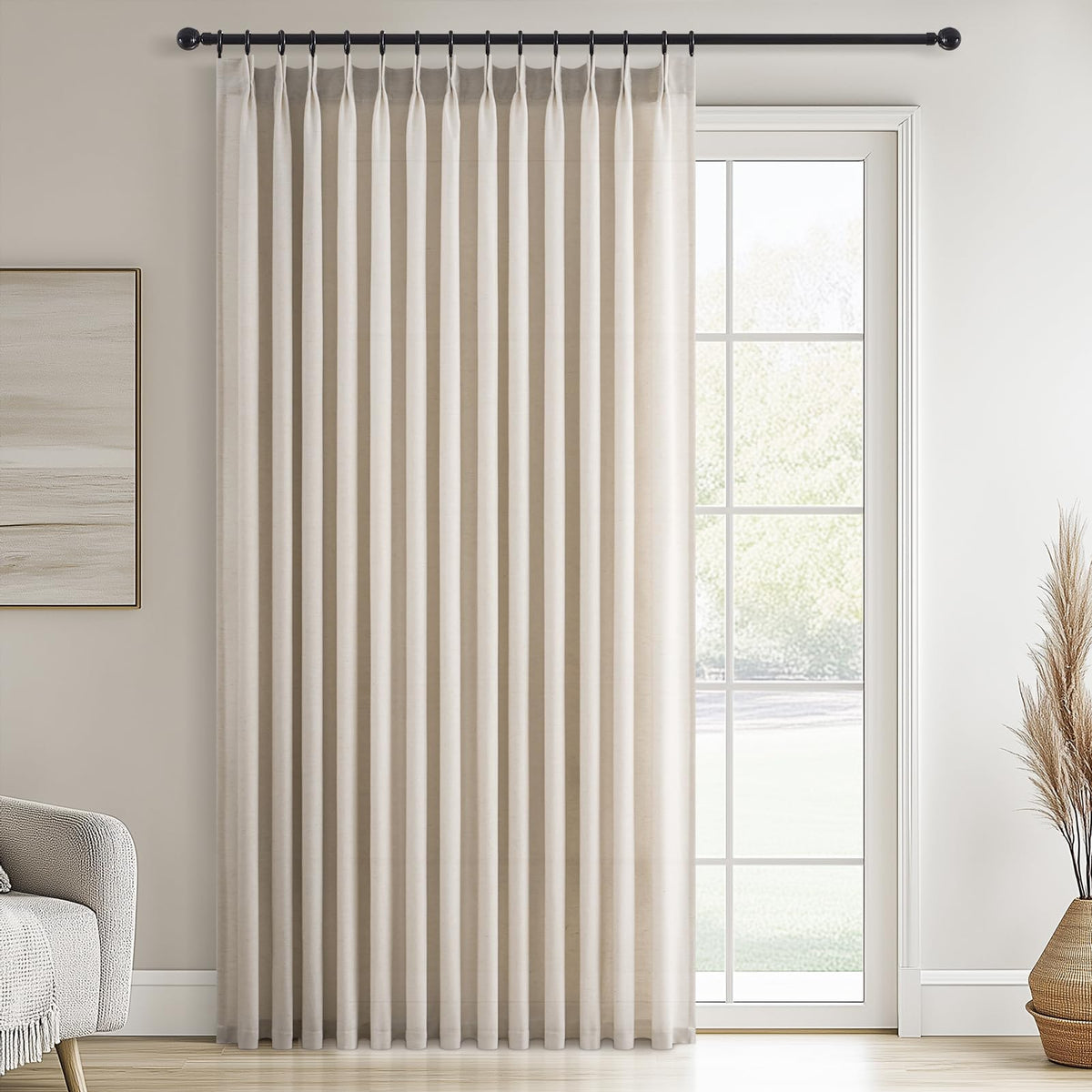 96 Inches Long Pinch Pleated Semi Sheer Curtains,Natural Linen Blended Light Filtering Window Curtains 96 Length 2 Panels for Living Room Bedroom Pinch Pleat Drapes with Hooks 2 Panels 40" Wx96 L