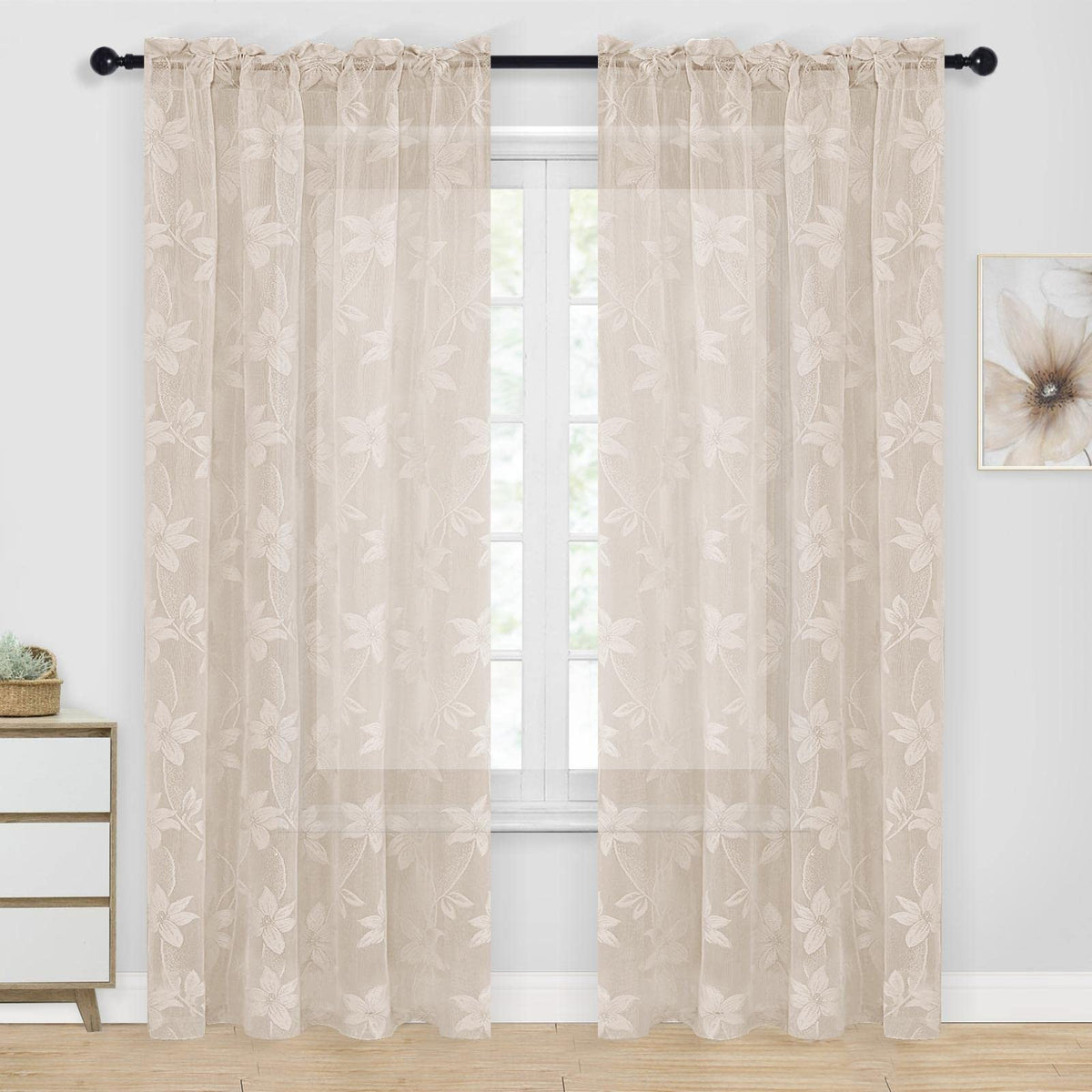DWCN White Sheer Curtains - Short Curtains Floral Lace Design Rod Pocket Window Voile Sheer Drapes for Bedroom Kitchen Small Window 42 x 54 inch Length, 2 Panels White