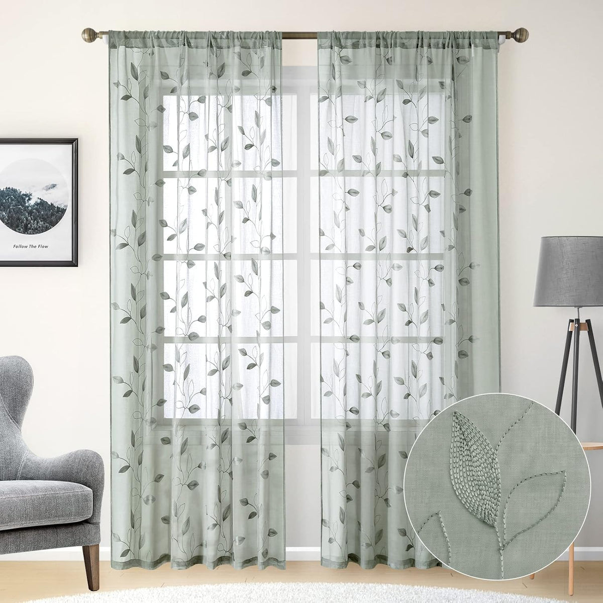 HOMEIDEAS Sage Green Sheer Curtains Leaf Embroidered, 52x84 Inch, 2 Panels