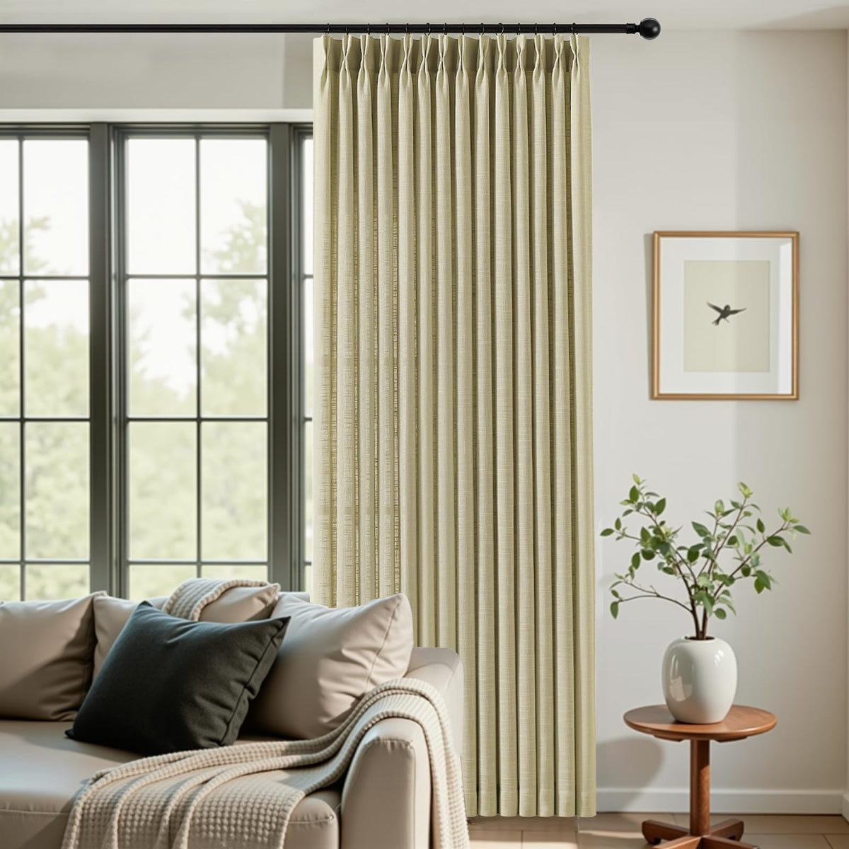 Pinch Pleated Linen Curtains 96 Inches Semi Sheer Light Filtering, 2 Panels