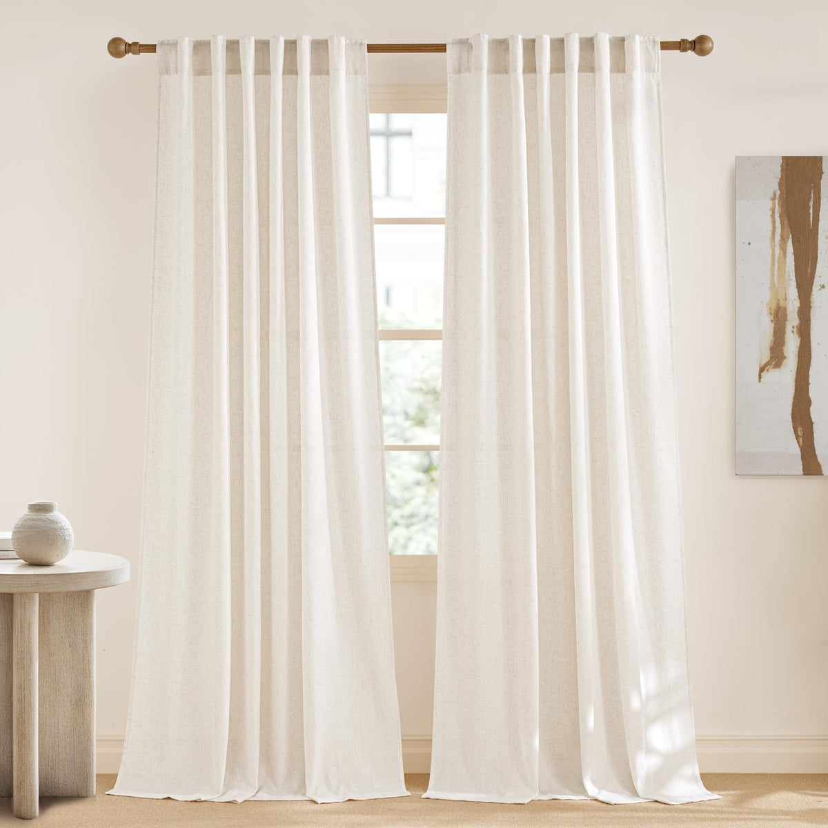 NICETOWN Natural Linen Curtains & Drapes for Windows 84 inch Long, Rod Pocket & Back Tab Thick Flax Semi Sheer Privacy Assured with Light Filtering for Bedroom/Living Room, W55 x L84, 2 Pieces