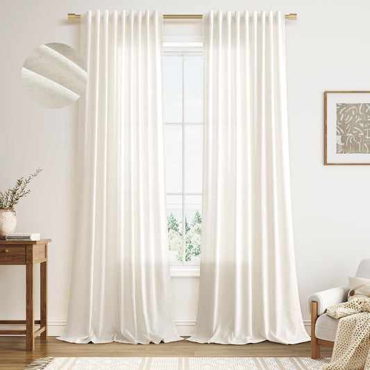 Nanspring Linen Curtains 96 Inches Long for Living Room 2 Panels Back Tab Modern Farmhouse Light Filtering 8ft Ceiling to Floor Privacy Boho Drapes for Bedroom Dining Ivory Cream W52 x L96