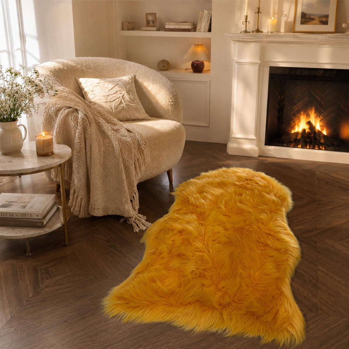EasyJoy Ultra Soft Fluffy/Fuzzy Shaggy Area Rug Faux Fur Chair Cover Seat Pad for Bedroom Floor Sofa Living Room (2 x 6 ft Sheepskin, Beige)
