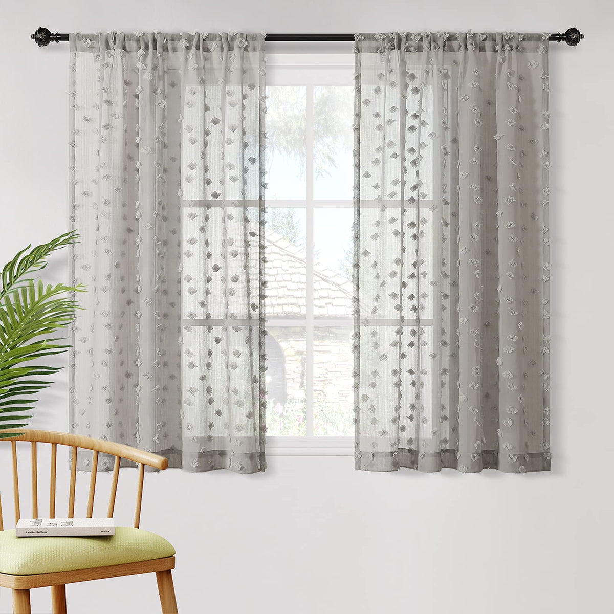 MYSKY HOME Beige Boho Sheer Curtains with Cream Pom Pom 50Wx84L,2 Panels