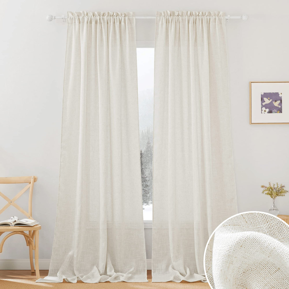 RYB HOME White Semi Sheer Curtains 84 inches Long for Living Room