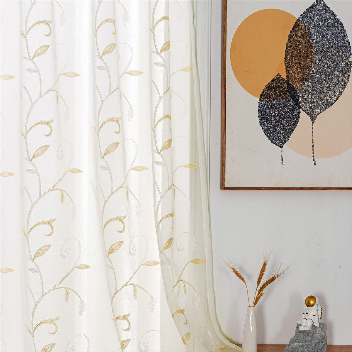 VISIONTEX Sheer Curtains Boho Leaf Floral Embroidered Cream Beige 54Wx84L