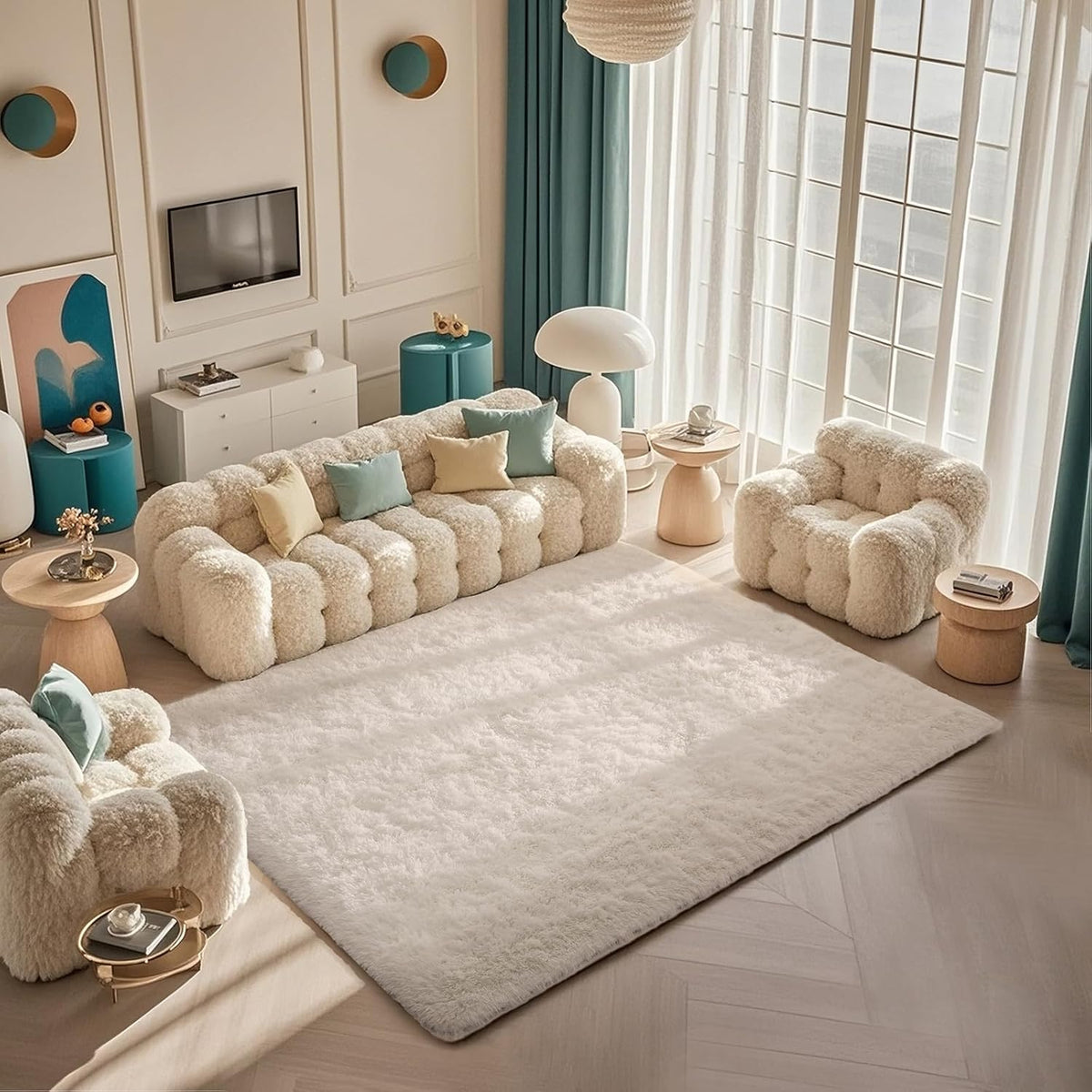 Ophanie 5x7 Area Rugs for Living Room Ivory, Fluffy Shag Large Fuzzy Plush Soft Rug, Shaggy Floor Big Carpets for Bedroom Nursery, Kids Home Decor Aesthetic with Over 99 pcs Pile fibers