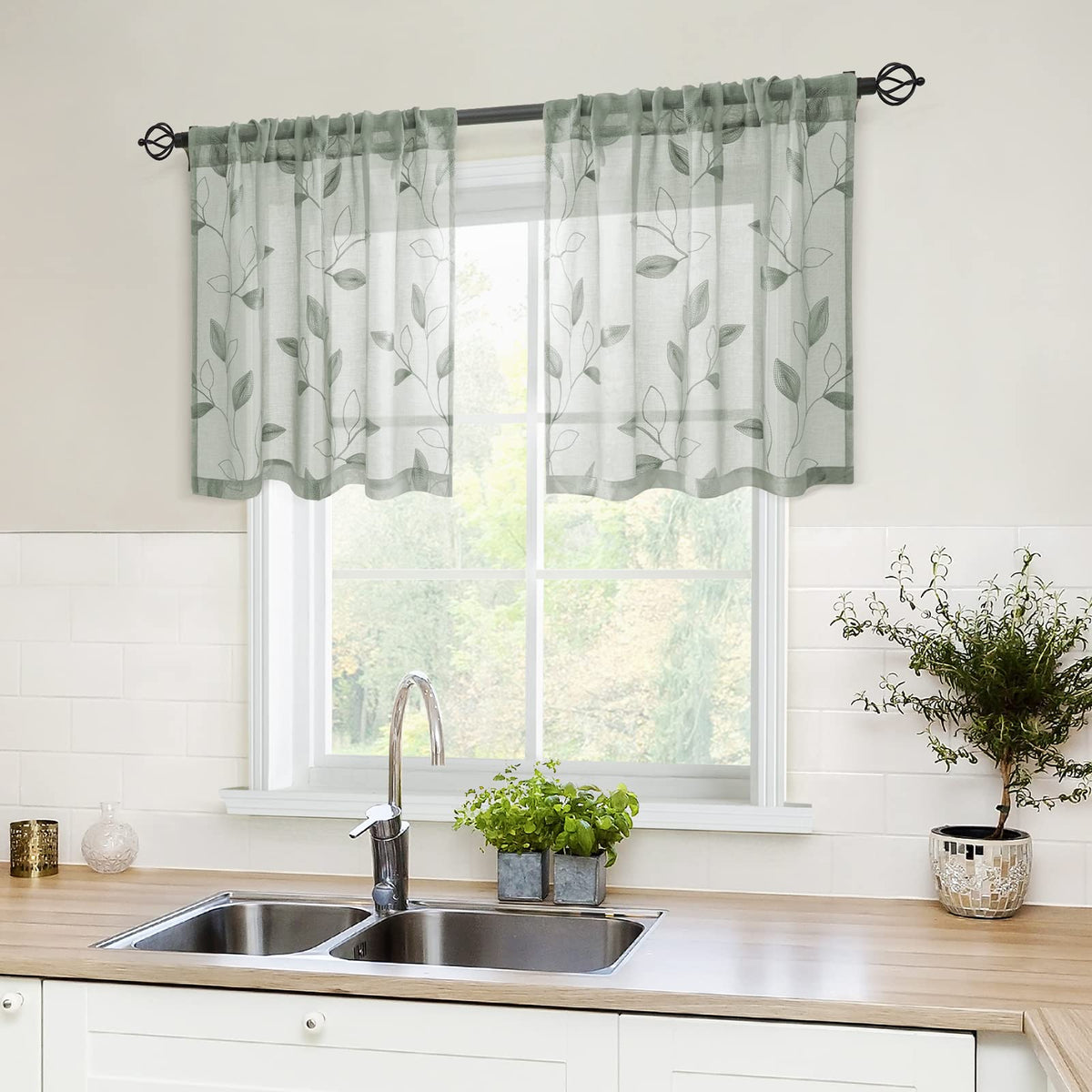HOMEIDEAS Sage Green Sheer Curtains Leaf Embroidered, 52x84 Inch, 2 Panels
