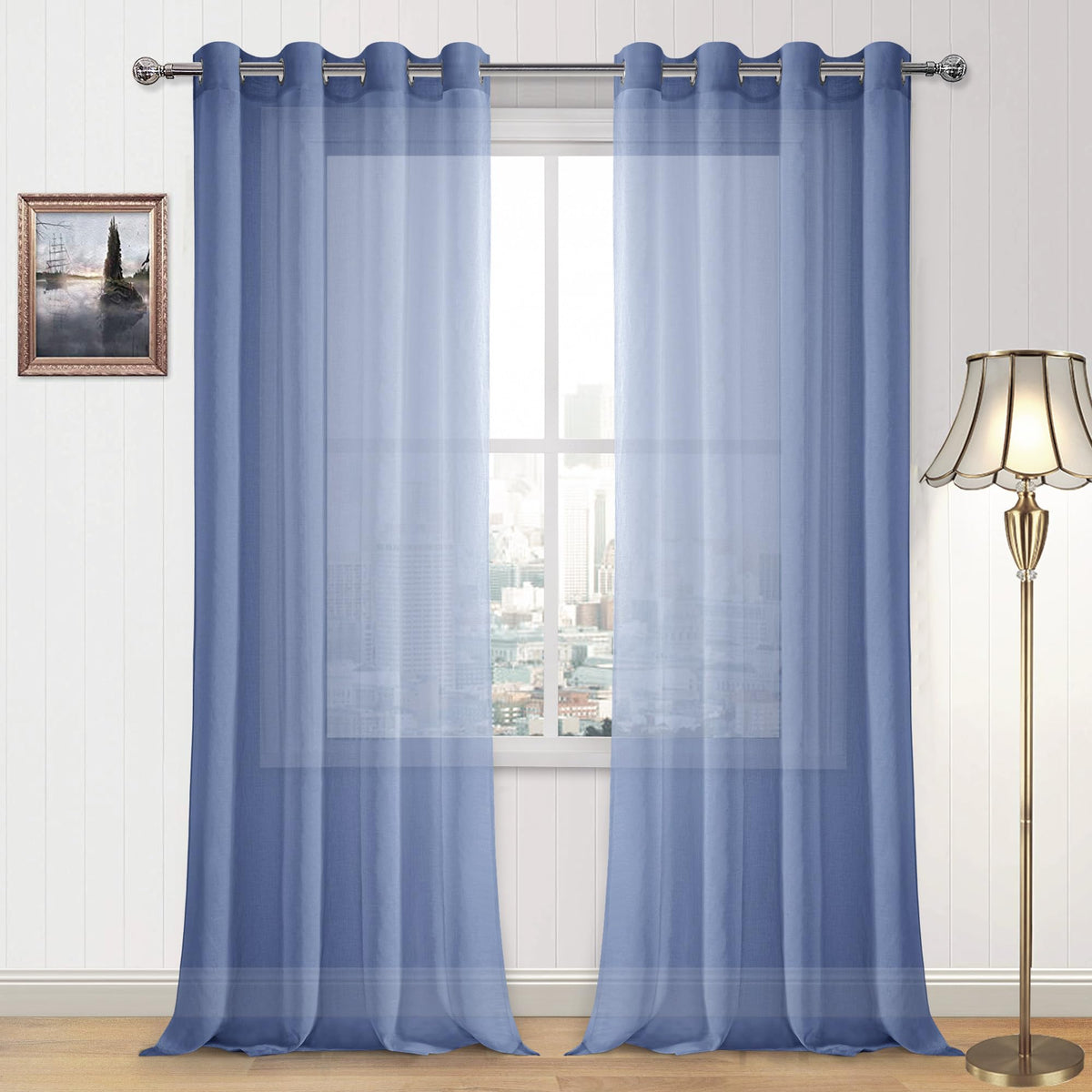 DWCN White Sheer Curtains Linen Look Semi Transparent Voile Grommet White Curtains for Living Dining Room Drapes 52 x 84 Inch Long, Set of 2 Panels