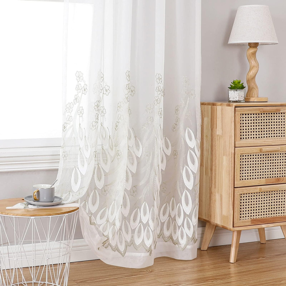 VISIONTEX Sheer Curtains Boho Leaf Floral Embroidered Cream Beige 54Wx84L