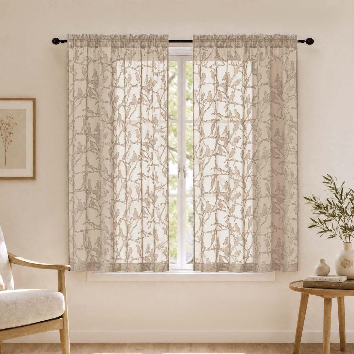 OVZME Sage Green Sheer Curtains 63 Inch Length 2 Panel Set, Light Filtering Bedroom Curtains with Dual Rod Pocket Top, Leaf Bird Clip Jacquard Sheer Farmhouse Window Drapes for Living Room, 2x38Wx63L