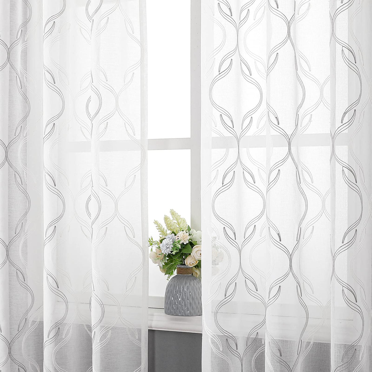 VISIONTEX White Sheer Curtains Grey Moroccan Embroidered 63 Inch Length