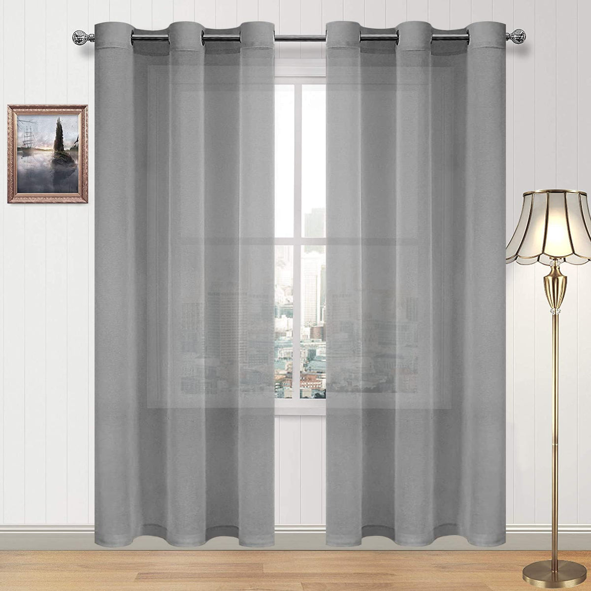 DWCN White Sheer Curtains Linen Look Semi Transparent Voile Grommet White Curtains for Living Dining Room Drapes 52 x 84 Inch Long, Set of 2 Panels