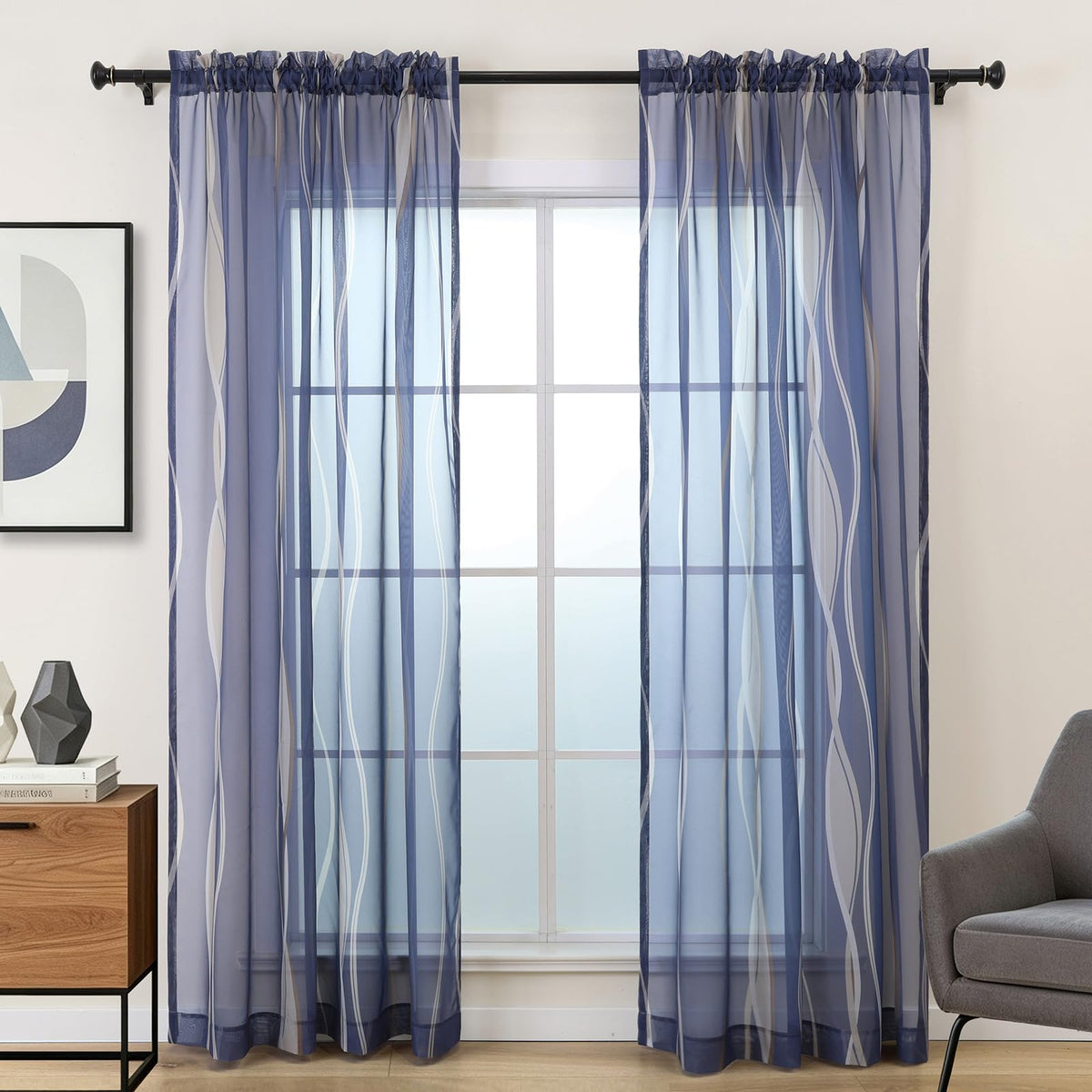L.Z.E White and Teal Sheer Curtains 84 Inches Long, Light Filtering Elegant Patterned Curtains with Design for Living Room Bedroom Dining Room, Lightweight Window Drapes, Grommet Top 2 Panels Set