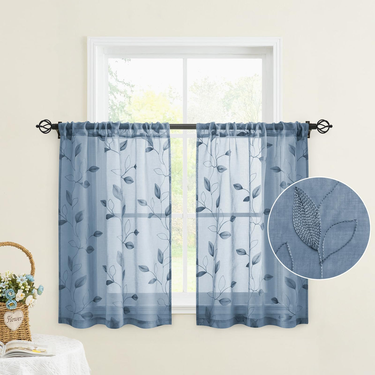 HOMEIDEAS Sage Green Sheer Curtains Leaf Embroidered, 52x84 Inch, 2 Panels
