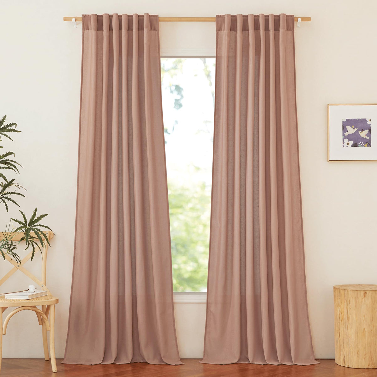 NICETOWN Natural Linen Curtains & Drapes for Windows 84 inch Long, Rod Pocket & Back Tab Thick Flax Semi Sheer Privacy Assured with Light Filtering for Bedroom/Living Room, W55 x L84, 2 Pieces