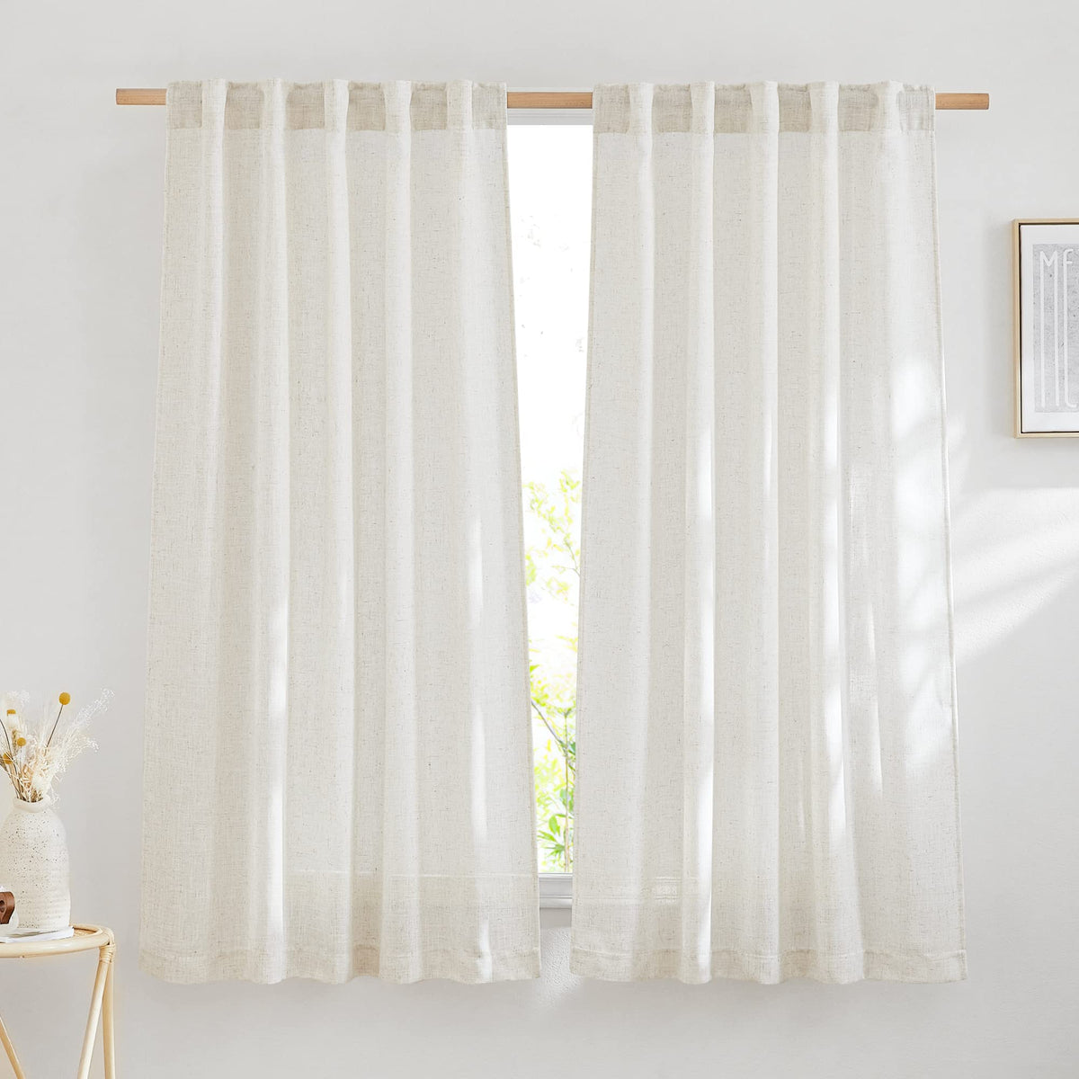 NICETOWN White Linen Sheer Curtains and Drapes 84 inches Long, Rod Pocket & Back Tab semitransparent with Light Through Vertical Window Treatments for Sliding Glass Door & Living Room, 52"W, Set of 2