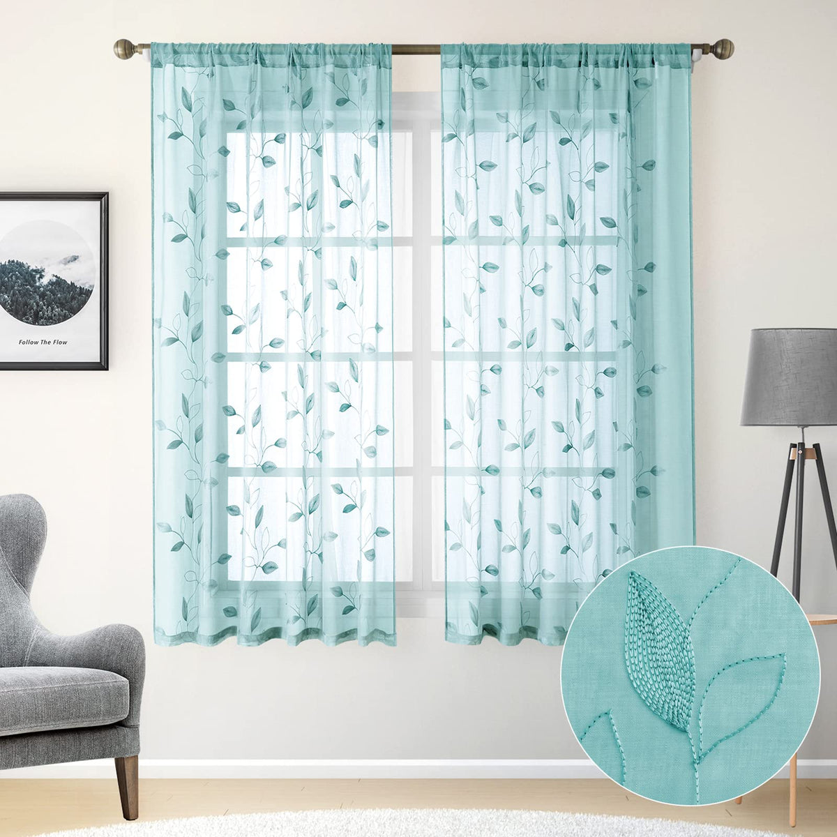 HOMEIDEAS Sage Green Sheer Curtains Leaf Embroidered, 52x84 Inch, 2 Panels