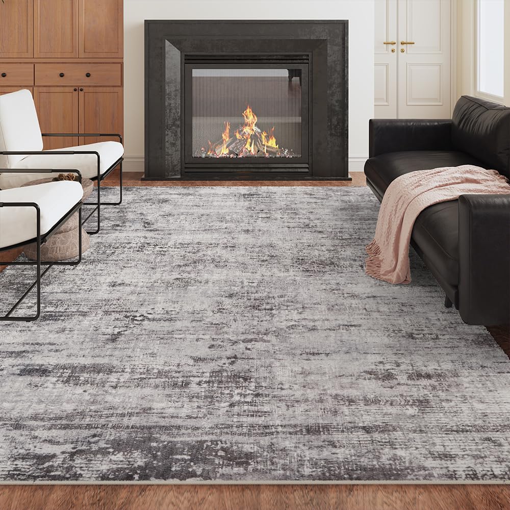 8x10 Pink Gray Washable Area Rug for Living Room, Vintage Print