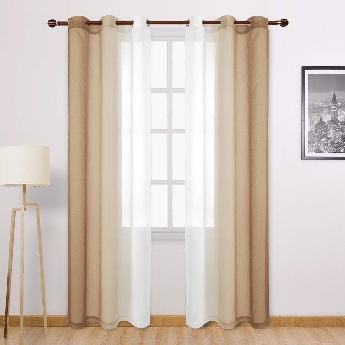 DWCN Blue Linen Ombre Sheer Curtains - Semi Voile Gradient Grommet Top Curtains for Bedroom and Living Room, Set of 2 Window Curtain Panels, 52 x 84 Inches Long, Denim Blue