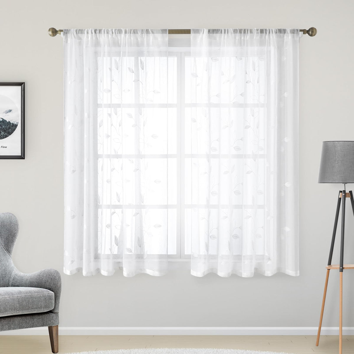 HOMEIDEAS Sage Green Sheer Curtains Leaf Embroidered, 52x84 Inch, 2 Panels
