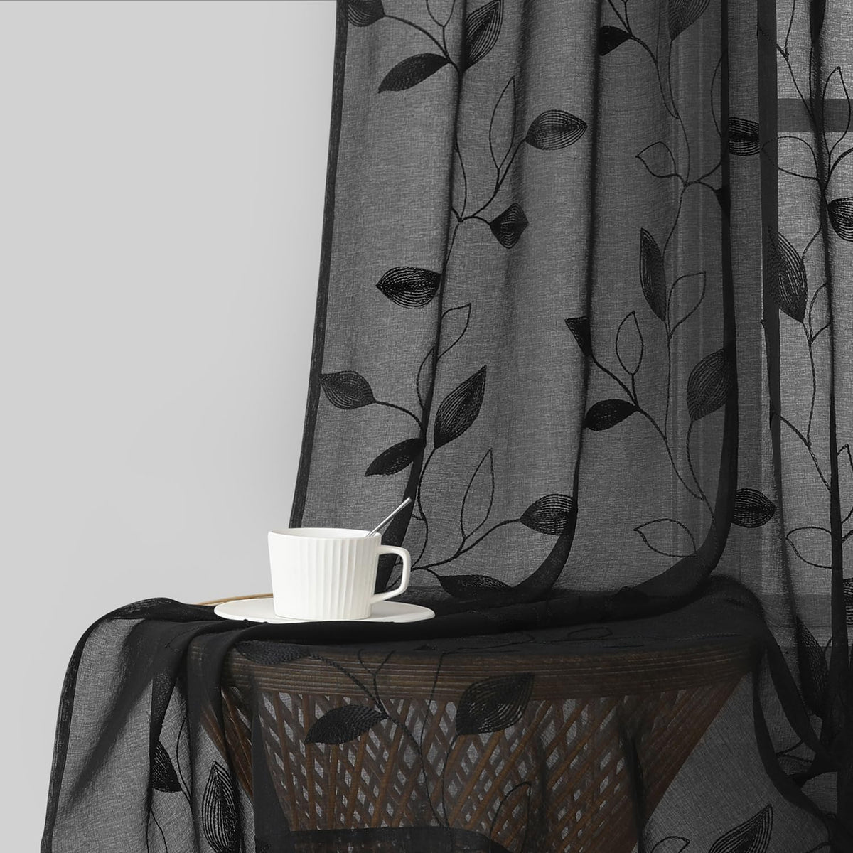 HOMEIDEAS Sage Green Sheer Curtains Leaf Embroidered, 52x84 Inch, 2 Panels