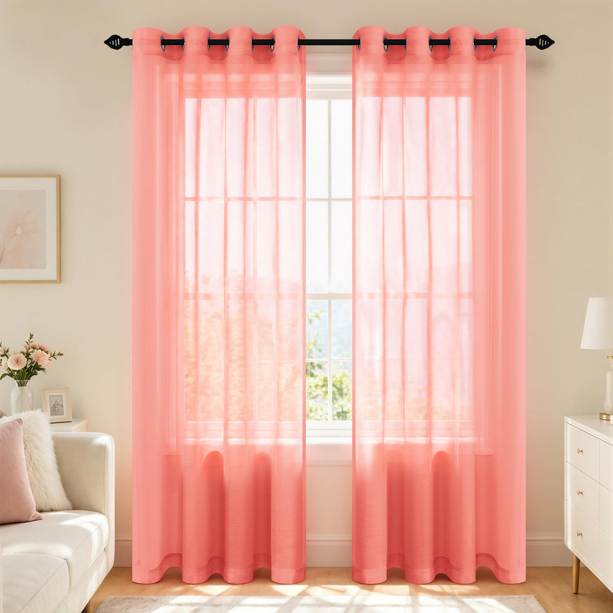 Mrs.Naturall Black Sheer Curtains 84 Inches Long for Living Room Set of 2 Panels Ring Grommet Window Curtain Panels for Bedroom 52x84 Inch Length