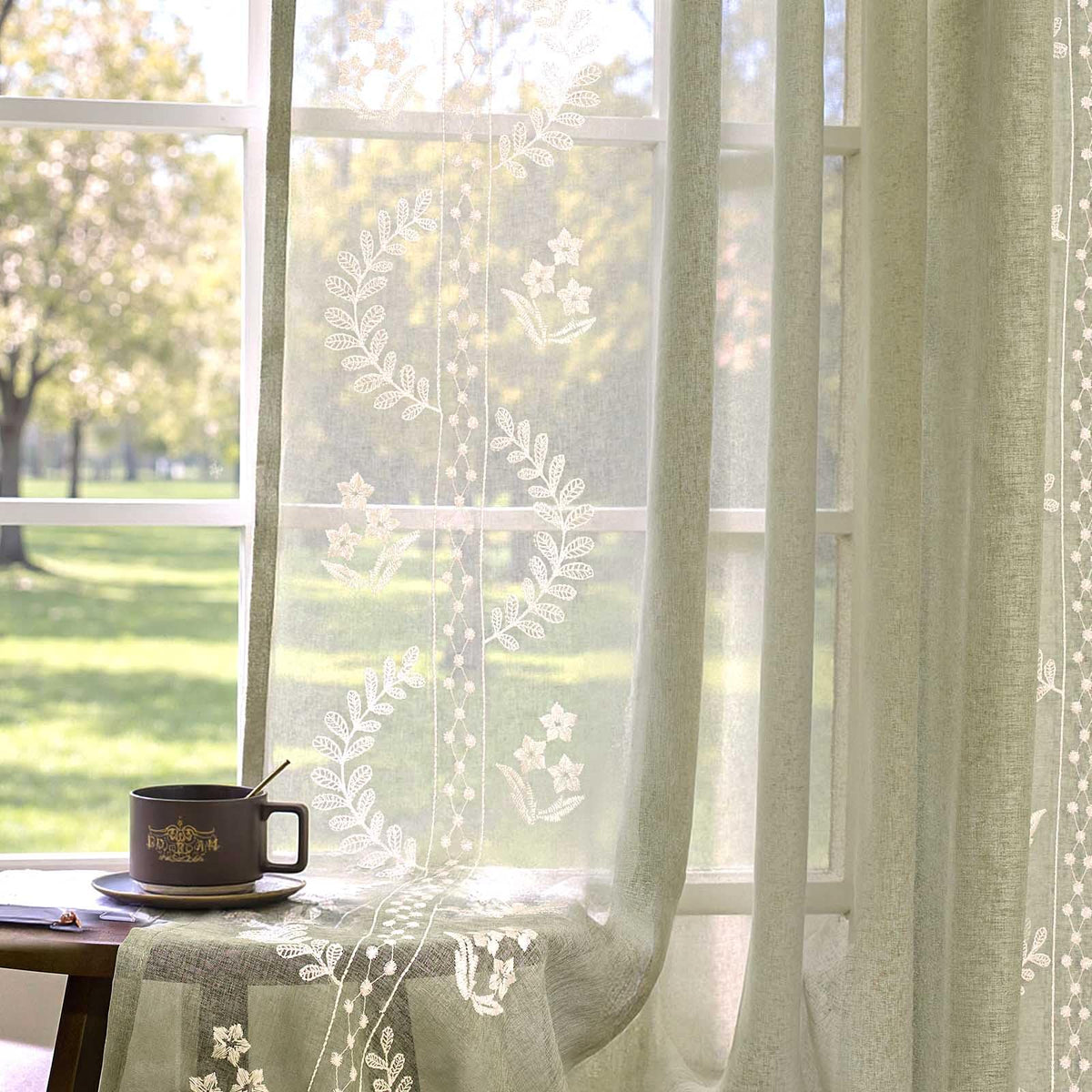 jinchan Floral Sheer Curtains, Back Tab 50x84 Inch, 2 Panels Green