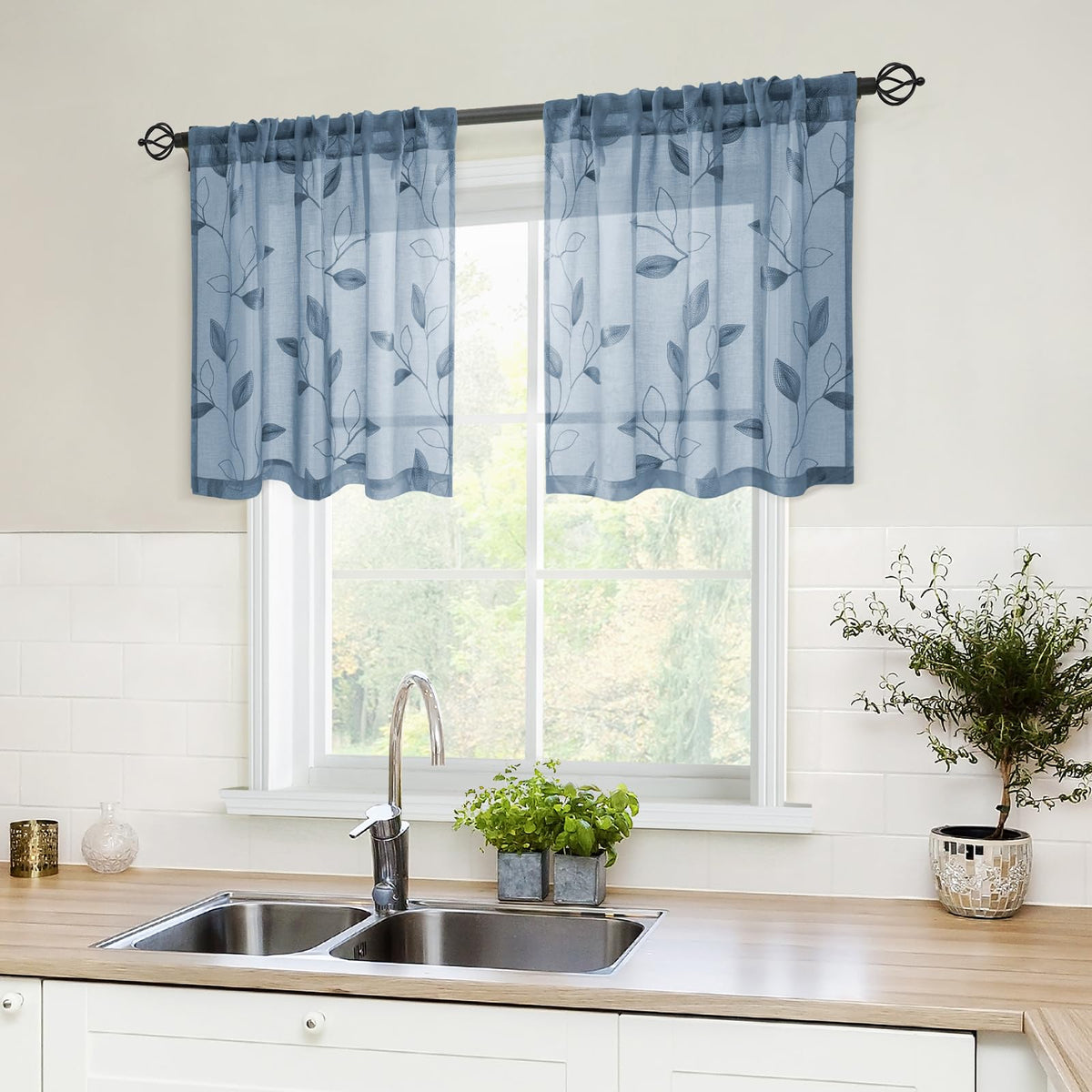 HOMEIDEAS Sage Green Sheer Curtains Leaf Embroidered, 52x84 Inch, 2 Panels