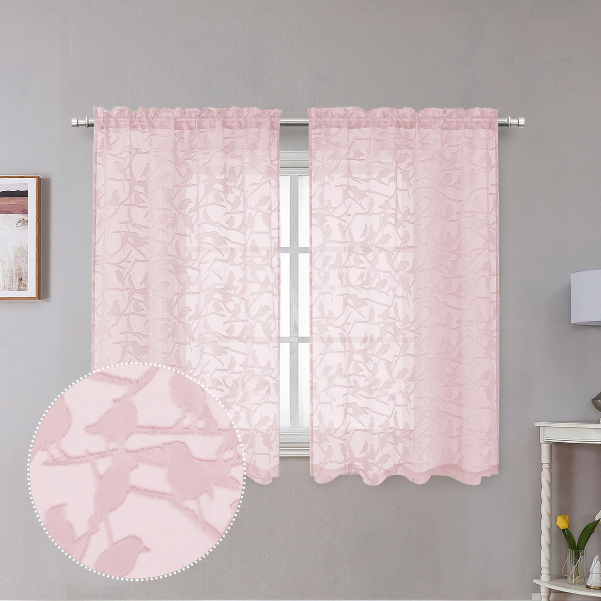 OVZME Sage Green Sheer Curtains 63 Inch Length 2 Panel Set, Light Filtering Bedroom Curtains with Dual Rod Pocket Top, Leaf Bird Clip Jacquard Sheer Farmhouse Window Drapes for Living Room, 2x38Wx63L