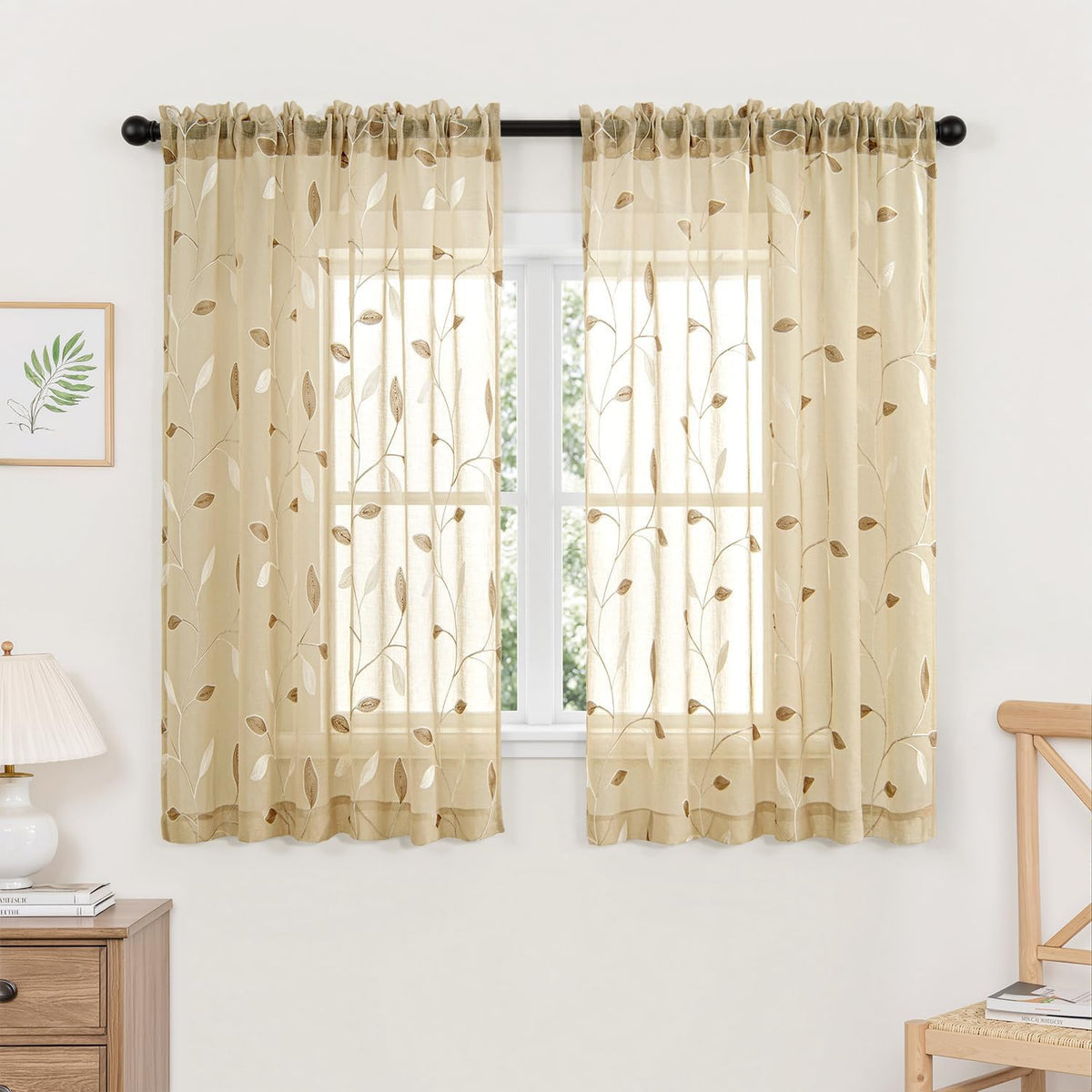 MIULEE Beige Sheer Curtains 2 Panels Embroidered Leaf Patterned, W52 x L84