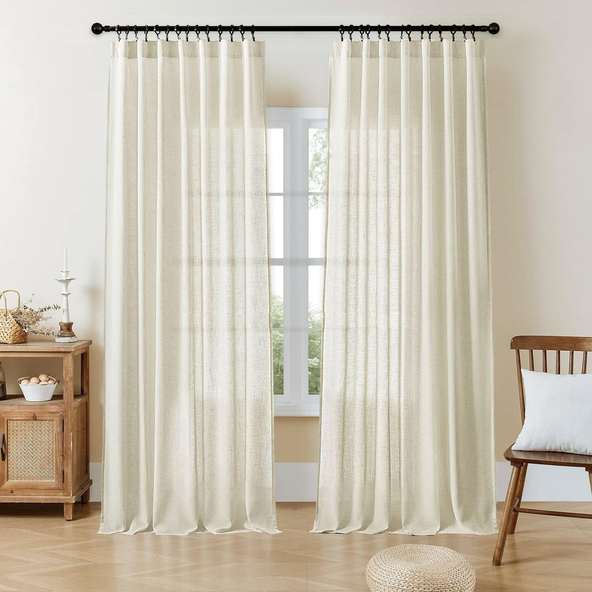 Joydeco Linen Curtains for Living Room,Light Filtering Rod Pocket Back Tab Semi Sheer Drapes Window Long Curtains 90 inches Long Ivory