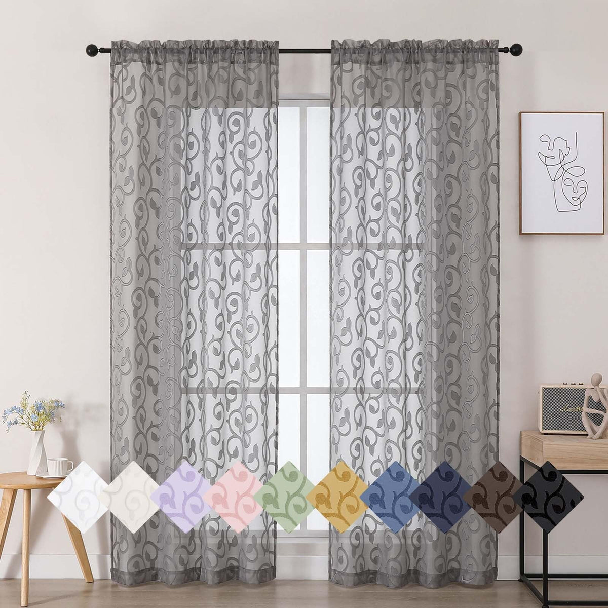 Dusty Blue Sheer Curtains for Bedroom Living Room 72 Inches Long 2 Panels Set, Soft Airy Geometric Jacquard Clip Curtains Drapes, Modern Rod Pocket Door Curtain, 2Pcs Each 42" Wx72 L Inch