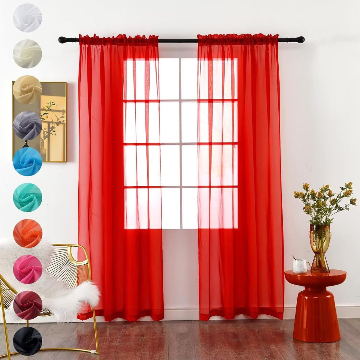 youleyar Solid Sheer Rod Pocket Curtain Voile Draperies 2 Panels White Beige Black Grey Coffee 52 Inch Width 84 Inch Long 1 Pair for Kitchen Bedroom Children Living Room Yard (Orange,52Wｘ84L)