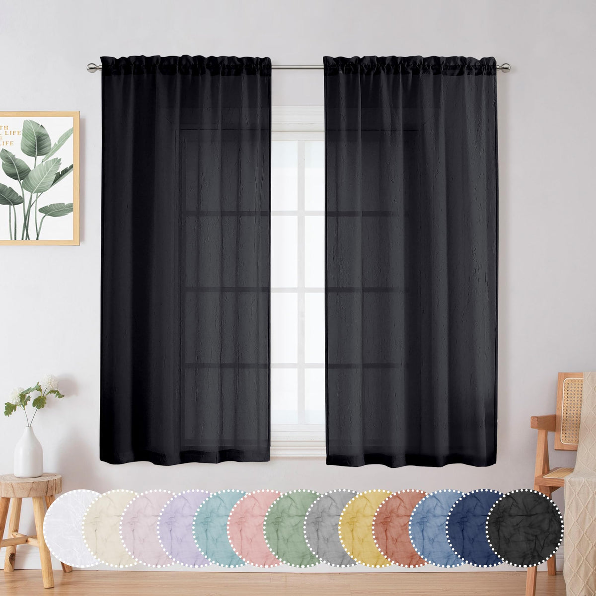 Chyhomenyc Crushed Sheer Navy Blue Curtains 84 Inch Length 2 Panels, Light Filtering Solid Crinkle Voile Lightweight Rod Pocket Sheer Curtian for Bedroom Living Room, Each 42Wx84L Inches