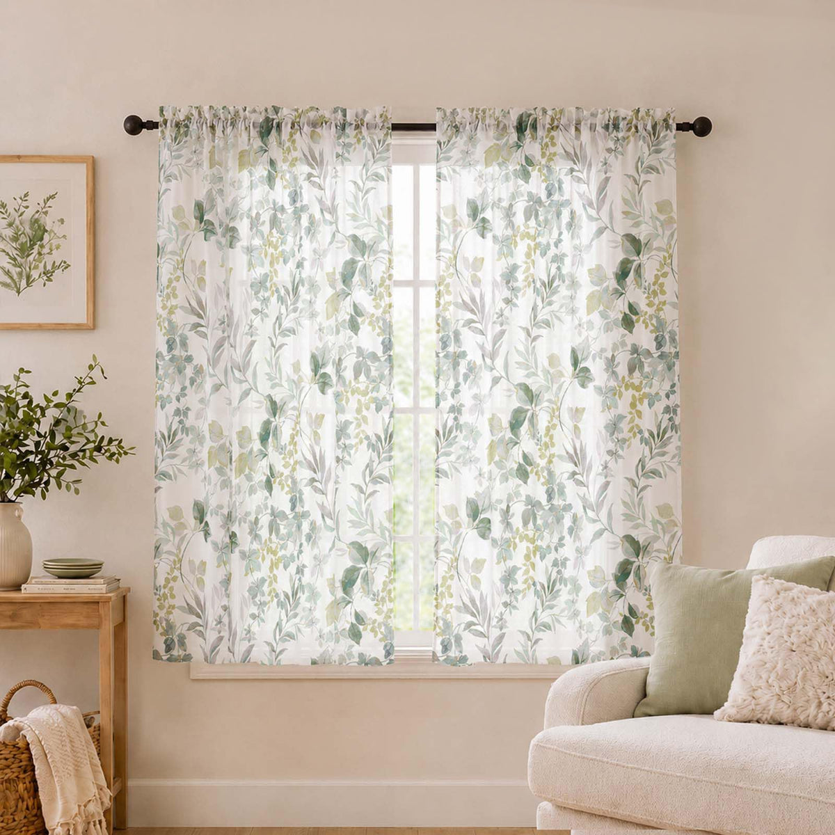 OWENIE Crushed Sheer Curtains 63 Inch Length 2 Panels Set, Sheer Floral Curtians with Printed Leaves Design, Printing Drapes for Living Room, Rod Pocket Light Filtering Window Sheers 42" W x 63" L