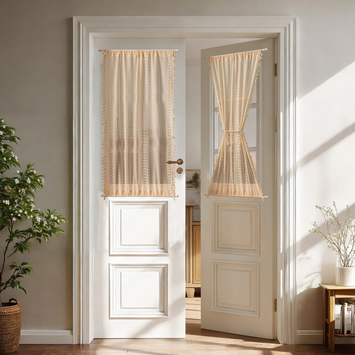 Sutuo Home Terracotta Boho Lace Curtains 2 Panels 84 Inches Long for Living Room&Bedroom, Burnt Orange Crochet Privacy Farmhouse Vintage Tassels Retro Halloween Window Sheer Curtains Rod Pocket,50" W