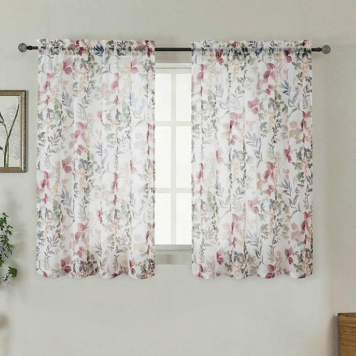 OWENIE Crushed Sheer Curtains 63 Inch Length 2 Panels Set, Sheer Floral Curtians with Printed Leaves Design, Printing Drapes for Living Room, Rod Pocket Light Filtering Window Sheers 42" W x 63" L
