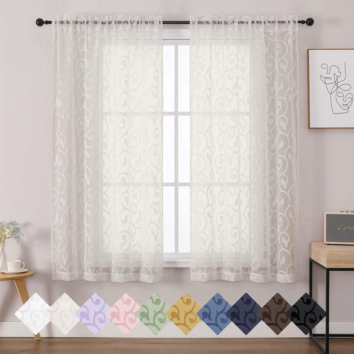 Dusty Blue Sheer Curtains for Bedroom Living Room 72 Inches Long 2 Panels Set, Soft Airy Geometric Jacquard Clip Curtains Drapes, Modern Rod Pocket Door Curtain, 2Pcs Each 42" Wx72 L Inch