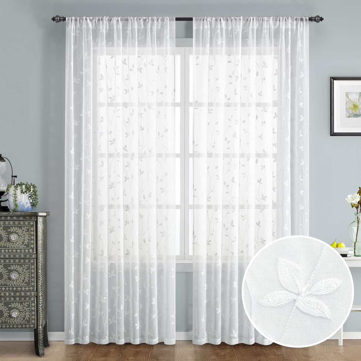 HOMEIDEAS Sage Green Sheer Curtains Leaf Embroidered, 52x84 Inch, 2 Panels