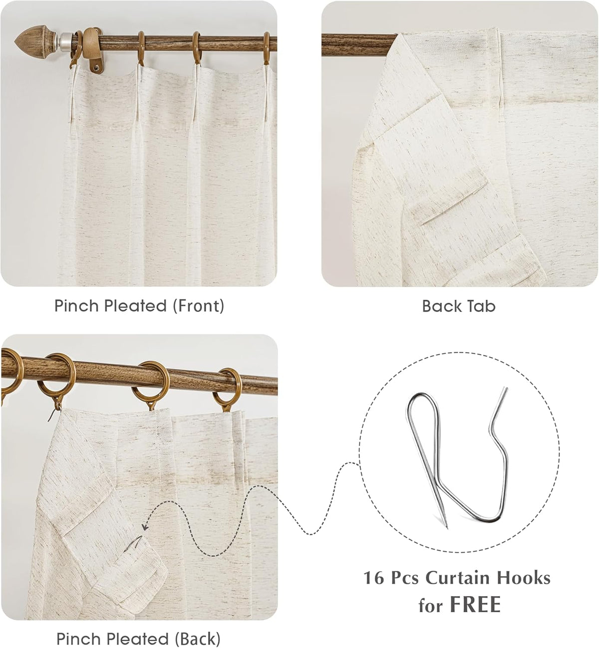 FMFUNCTEX Beige Linen Pinch Pleated Sheer Curtains, 96 Inches, 2 Panels