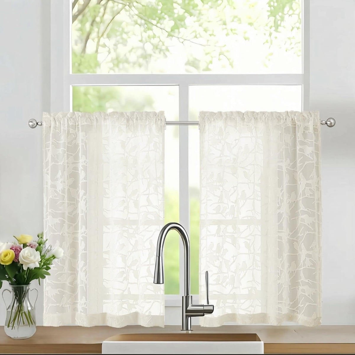 OVZME Sage Green Sheer Curtains 63 Inch Length 2 Panel Set, Light Filtering Bedroom Curtains with Dual Rod Pocket Top, Leaf Bird Clip Jacquard Sheer Farmhouse Window Drapes for Living Room, 2x38Wx63L