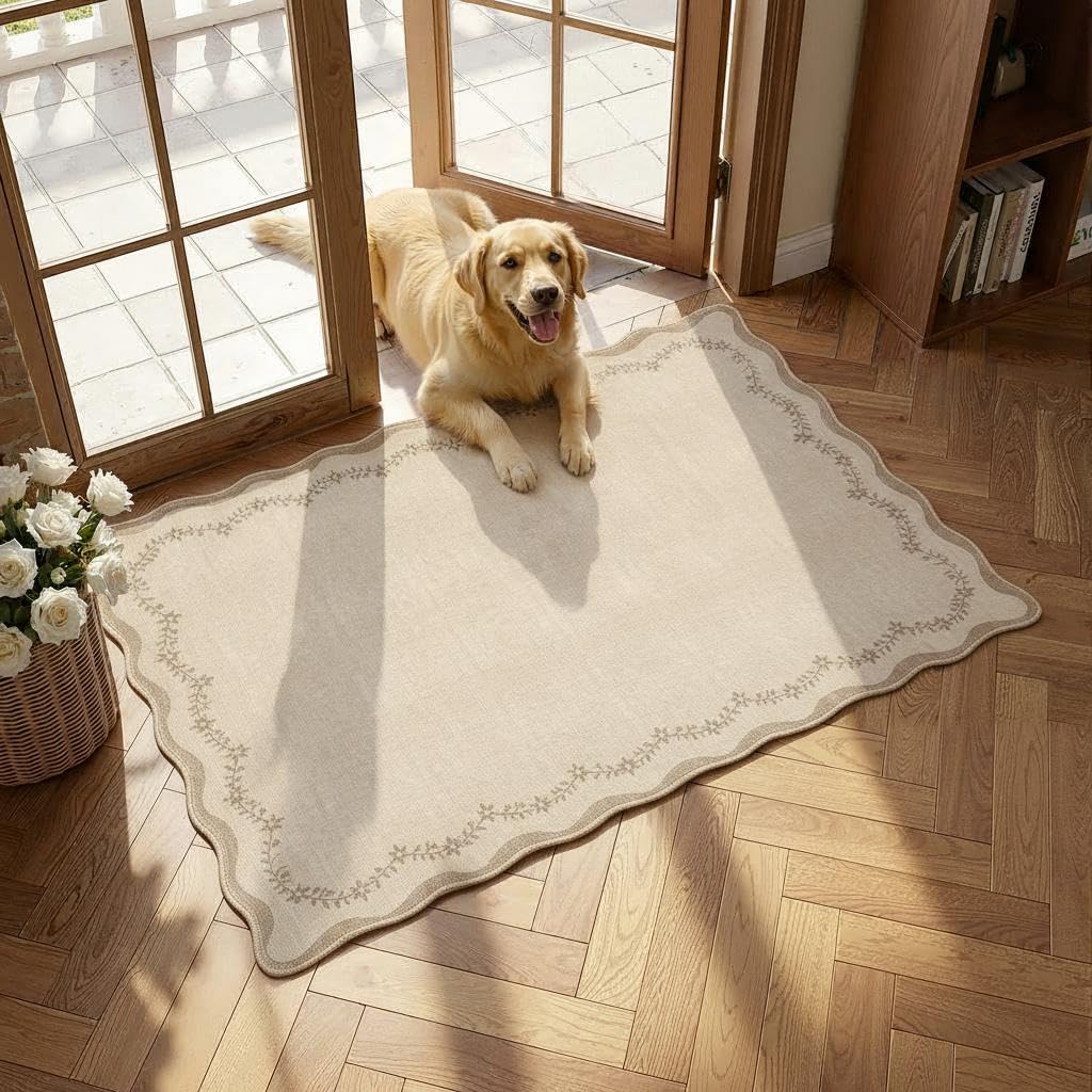 GarveeHome 5x7 Scalloped Area Rug Jute Washable Bedroom Living Room Rug
