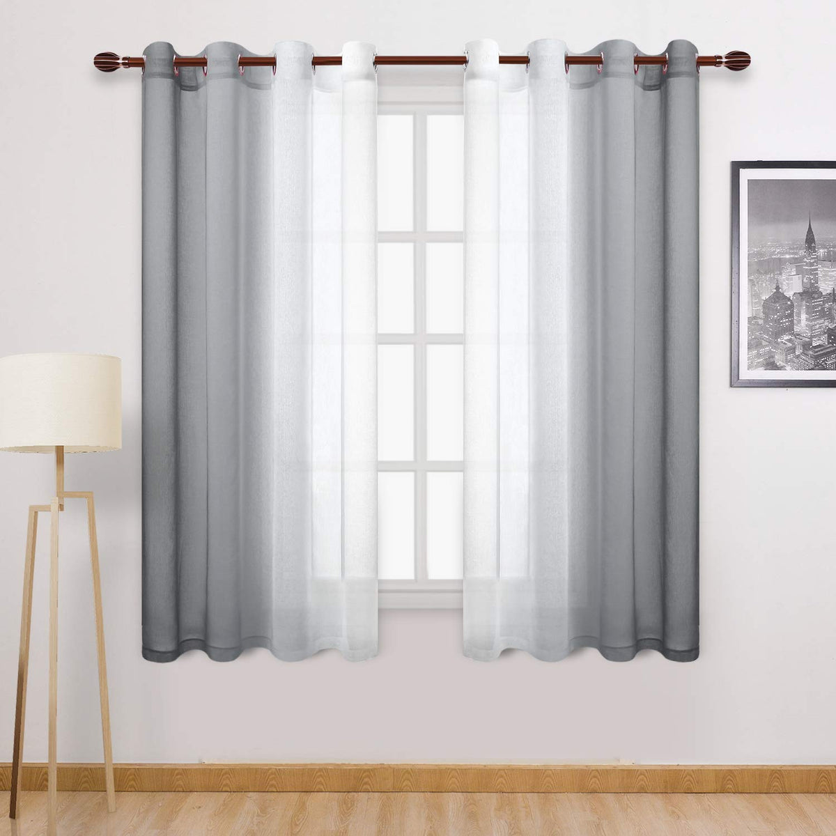 DWCN Blue Linen Ombre Sheer Curtains - Semi Voile Gradient Grommet Top Curtains for Bedroom and Living Room, Set of 2 Window Curtain Panels, 52 x 84 Inches Long, Denim Blue